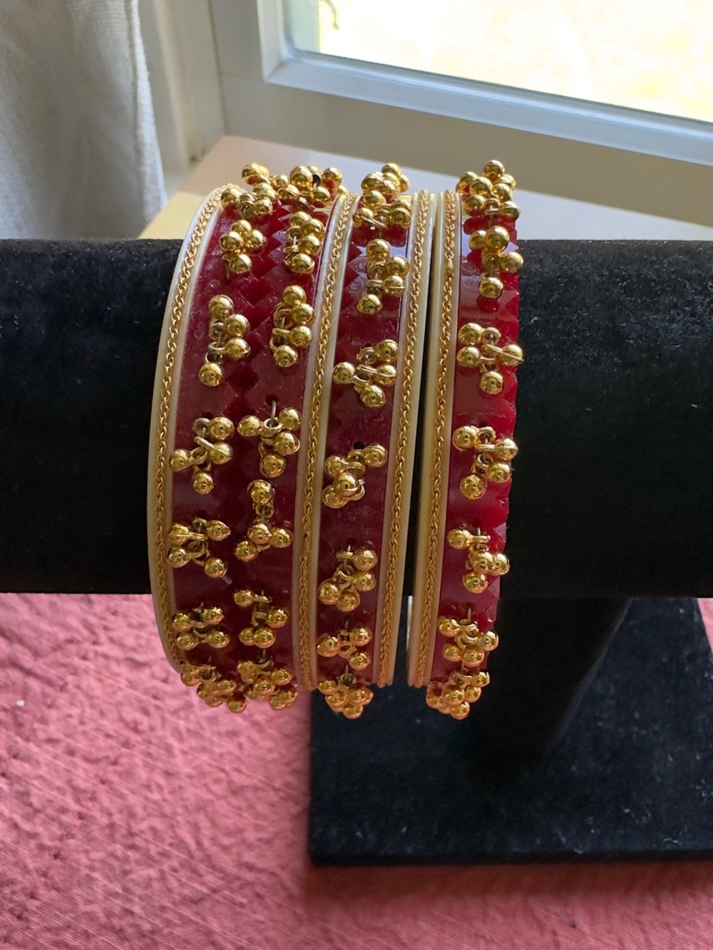 Gold-Bead Red Bangle Set - Women Jewelry - Kashmiri Ghunghroo bangles 2.8”